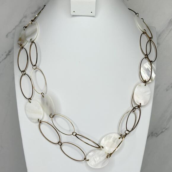 Mother of Pearl Gold Tone Hoop Long Necklace 56" Versatile - Picture 1 of 8